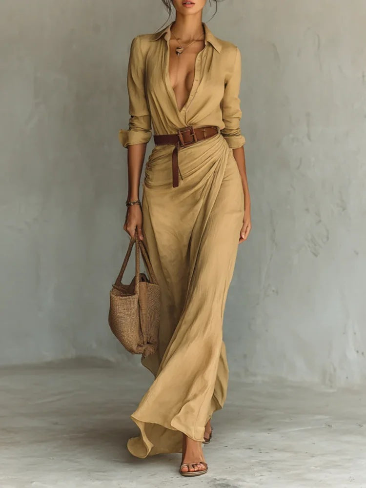 Long Dress With Belt Fashion And Elegant
