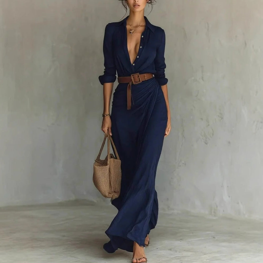Long Dress With Belt Fashion And Elegant