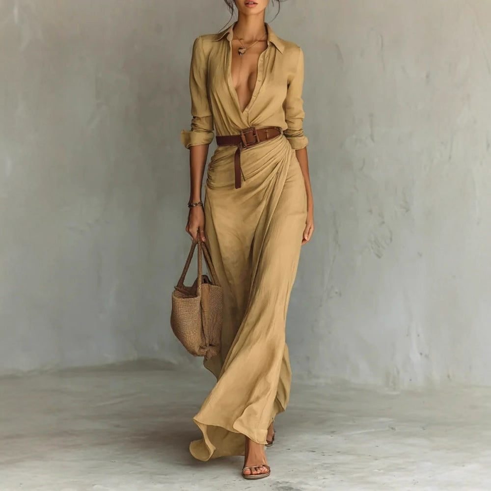 Long Dress With Belt Fashion And Elegant