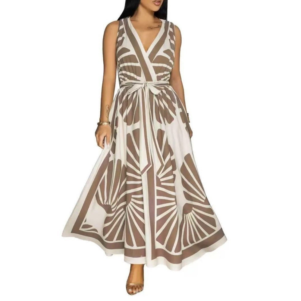 European And American V-neck Positioning Printing Backless Dress