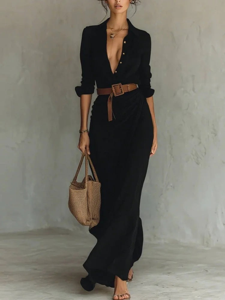 Long Dress With Belt Fashion And Elegant