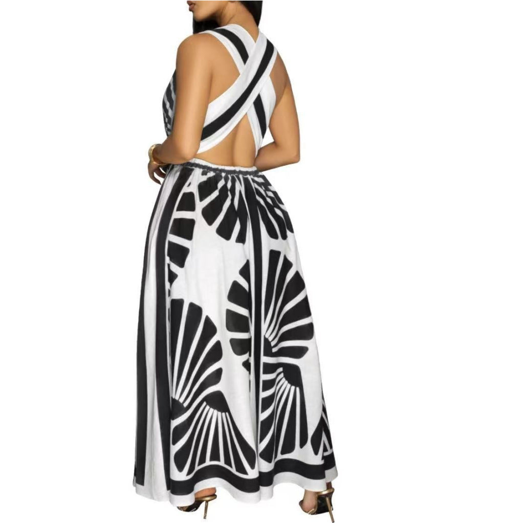 European And American V-neck Positioning Printing Backless Dress