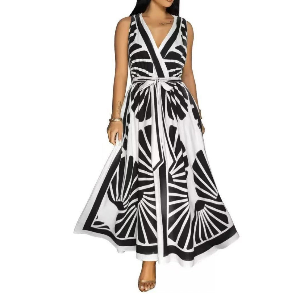 European And American V-neck Positioning Printing Backless Dress