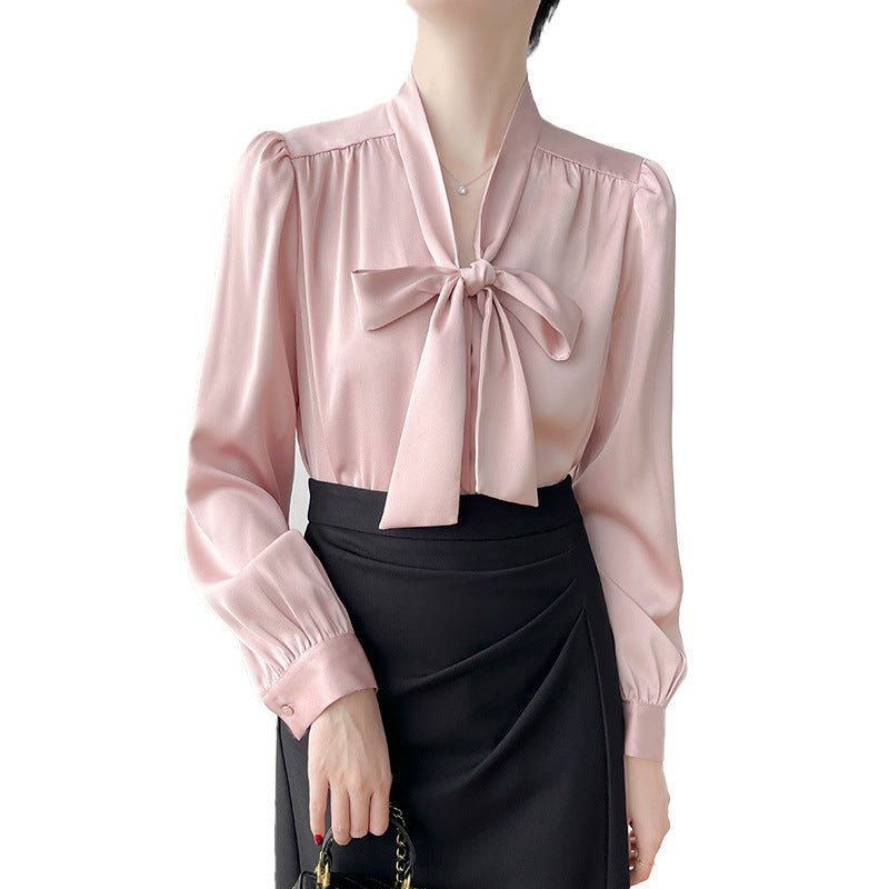 High - grade Satin Professional Commute Bow Shirt With Ribbon Women - MAYISAD
