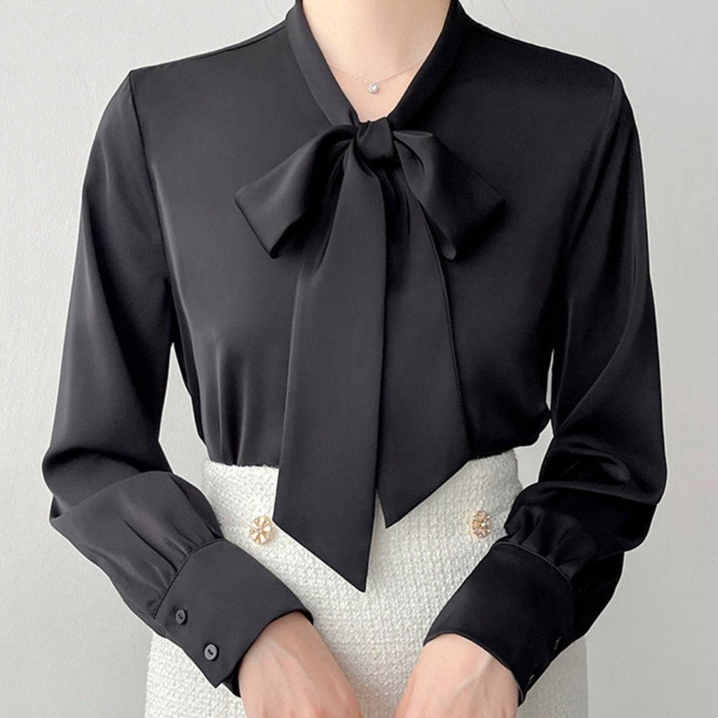 High - grade Satin Professional Commute Bow Shirt With Ribbon Women - MAYISAD