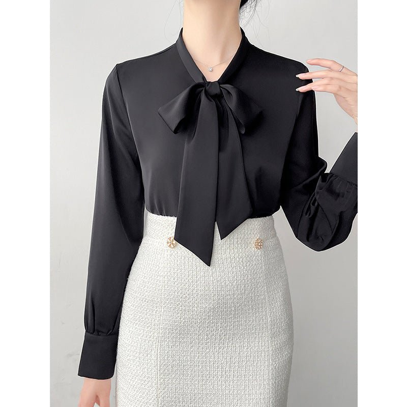 High - grade Satin Professional Commute Bow Shirt With Ribbon Women - MAYISAD